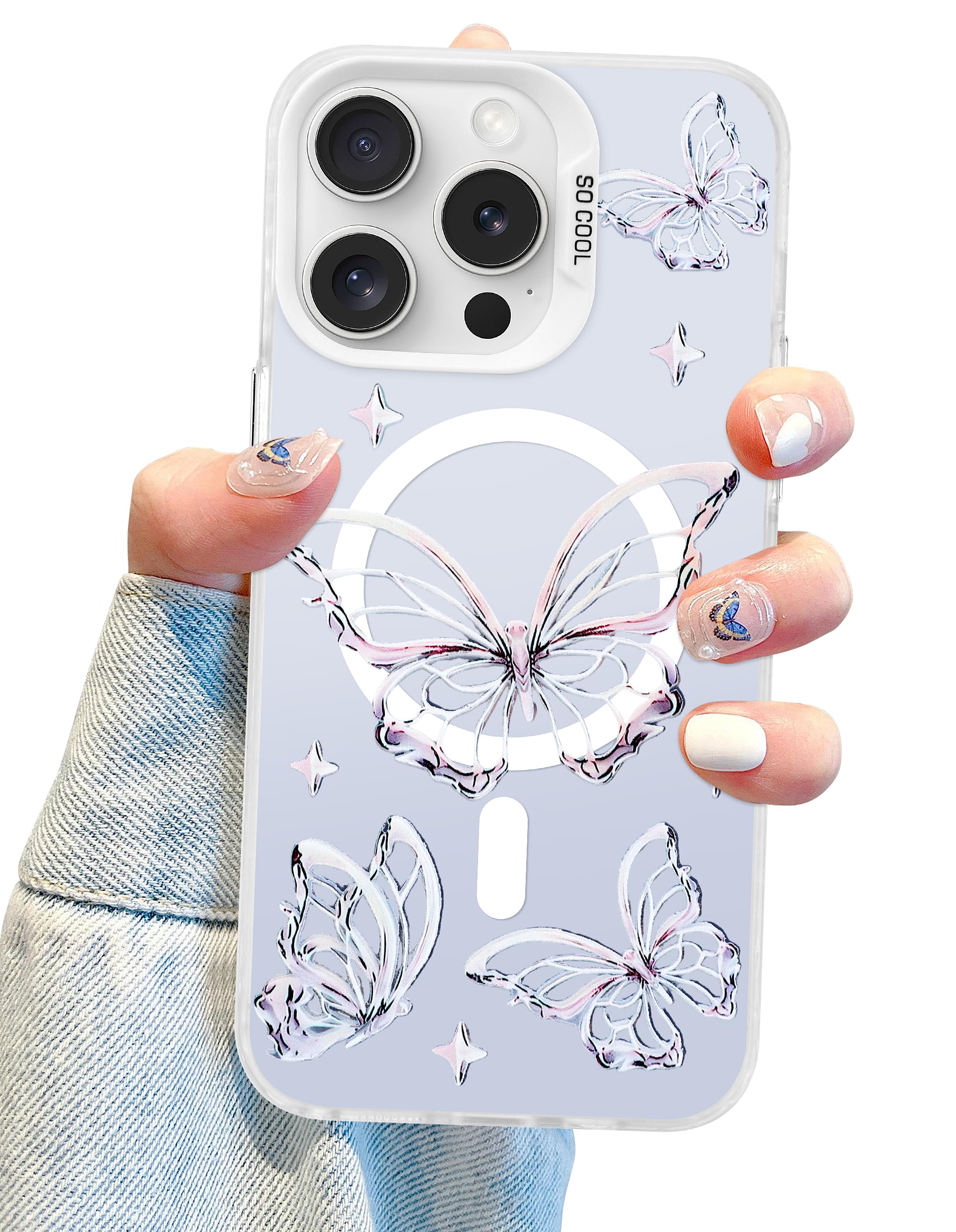 Photo 1 of Aitipy Magnetic for iPhone 15 Pro Max Case, Cute Sliver Butterfly Pattern [Compatible with MagSafe], Aesthetic Trendy Slim Shockproof Protective Phone Cover for Women Girls
