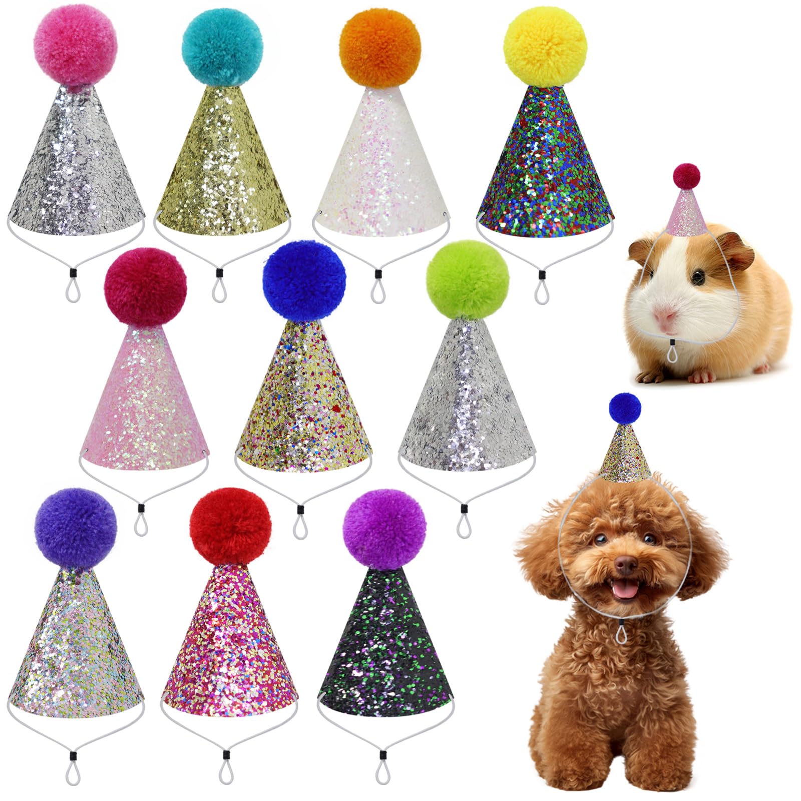 Photo 1 of 10 Pcs Colorful Mini Party Hats for Stuffed Animals, Birthday Party Felt Cone Hat for Cat Dolls Dog Rabbit Puppies Birthday Party Decorations (10 Pcs)