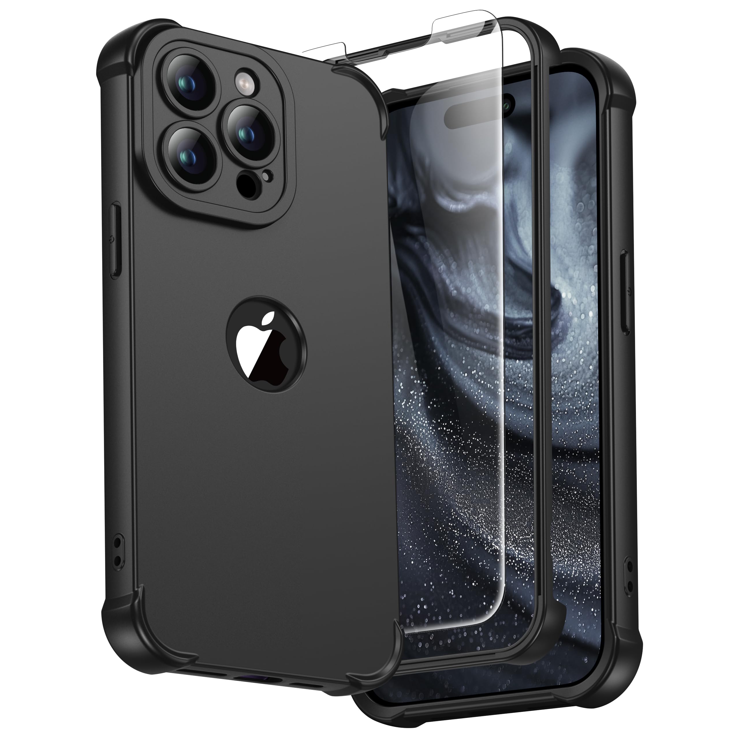 ORETECH for iPhone 15 Pro Max Case 6.7 inch, with [2 Pack Screen Protector] [Camera Lens Guard] [15FT Military Grade Drop Test] 360° Shockproof Slim Fit Design Rubber Bumper Phone Cover - Black