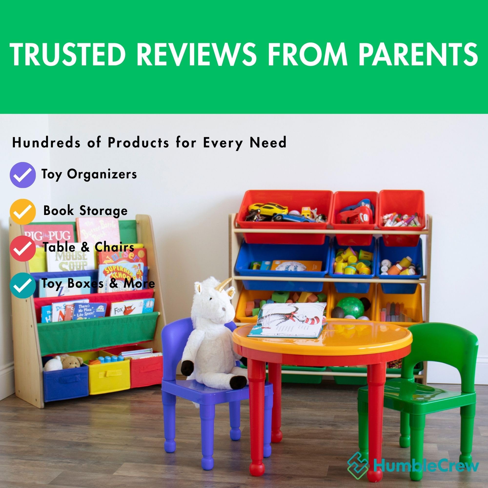 Humble Crew 4-Tier Kids Bookshelf and 3 Bins Toy Storage, Natural and Primary - Book Shelf for Kids Rooms with Four Deep Pockets - Toddler Sling Book Rack with Deep Sleeves, Nursery Bookcase Organizer