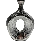 Stoneware Cut-Out Scratched Oval Vase, 13", Silver | Textured Metallic Finish, Modern Glam Decorative, For Flowers or Standalone Display, Home Decor Accent