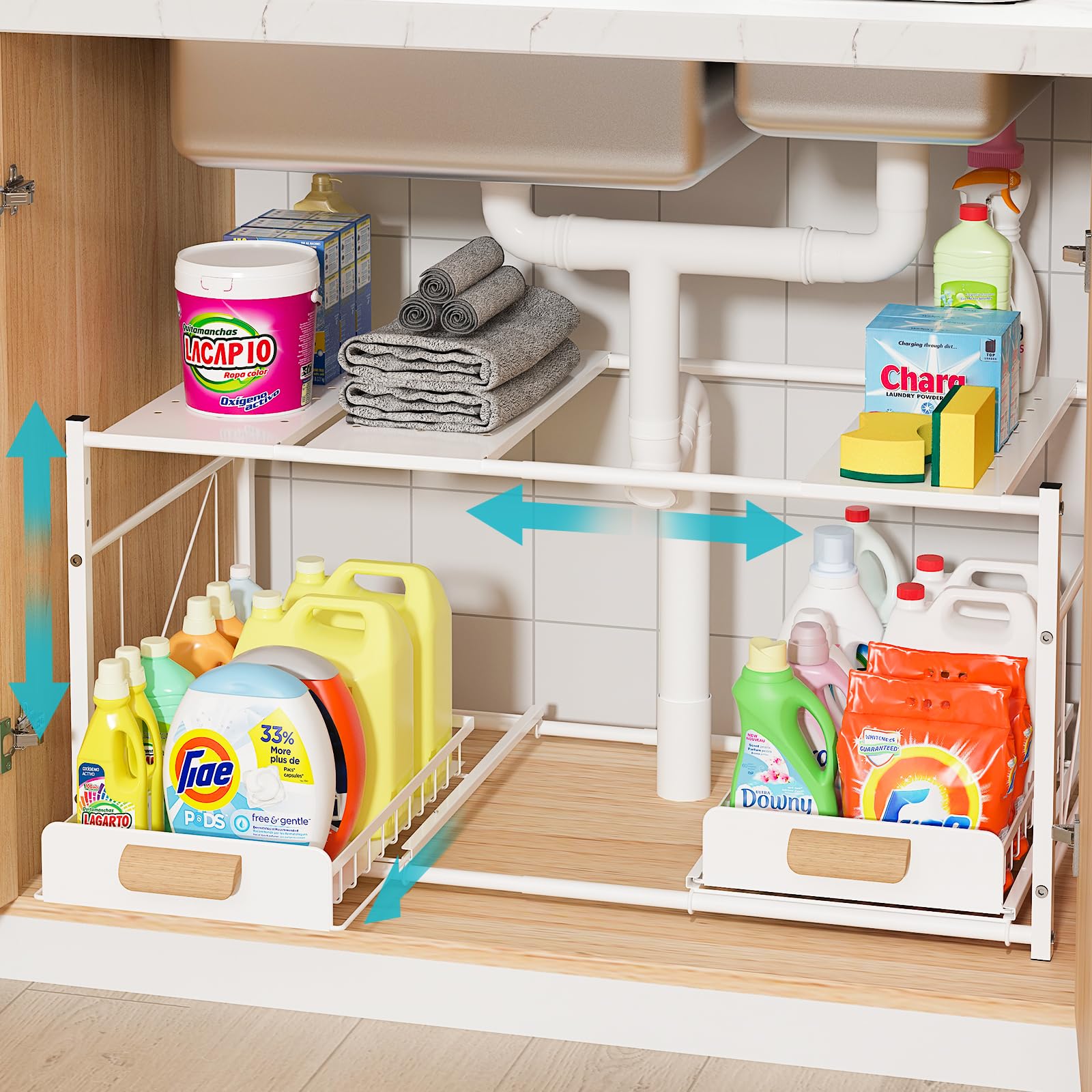 Photo 1 of REALINN Extendable Under Sink Organizer, 2 Tier Expandable Under Cabinet Organizer Shelf with Height Adjustable, Retractable Cabinet Storage, White