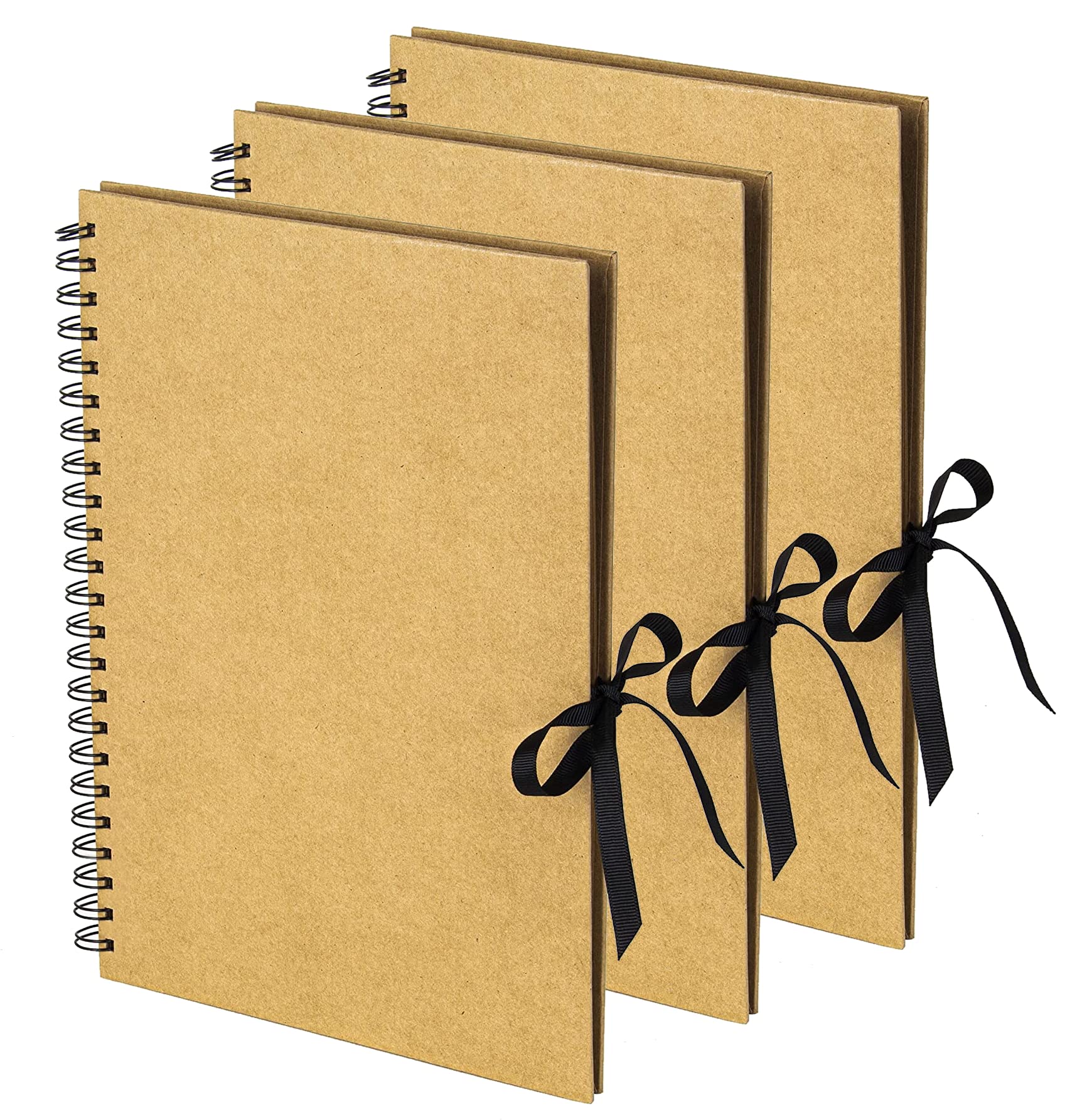 A4 Kraft Ribbon Scrapbook, Brown, Pack of 3, 40 Sheets (80 Pages), Craft Paper Scrapbooking Albums, Eco-Friendly Memory Book Photo Album, Scrapbook, Art Books