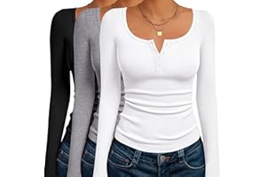 Ekouaer Womens Long Sleeve Henley Tops 3 Packs Slim Fitted Basic Shirts Tight Thermal Undershirts