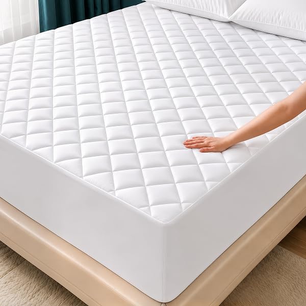 Quilted Fitted Mattress Pad, Queen Mattress Protector Topper with Deep Pocket Stretches up to 16 Inches, Machine Washable Mat