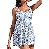 Aleumdr Women's One Piece Swimsuit Floral Print Whip Stitch Tummy Control Swimdress Skirt Bathing Suit with Pocket