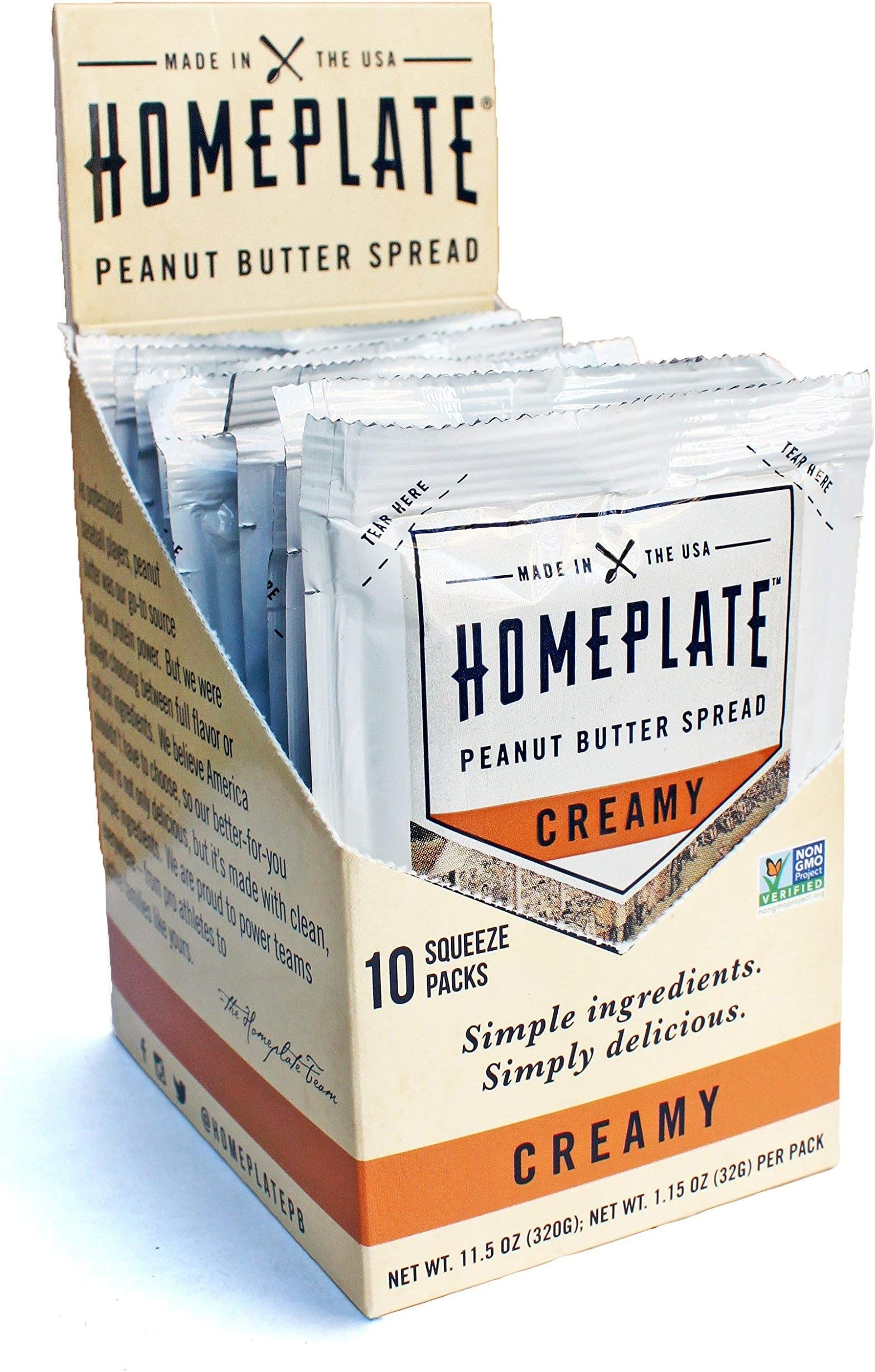 HomePlate Peanut Butter On-the-Go Squeeze Packs, Creamy, Healthy, Natural, Gluten Free, Non-GMO, 1.15 oz. squeeze packs, Pack of 10