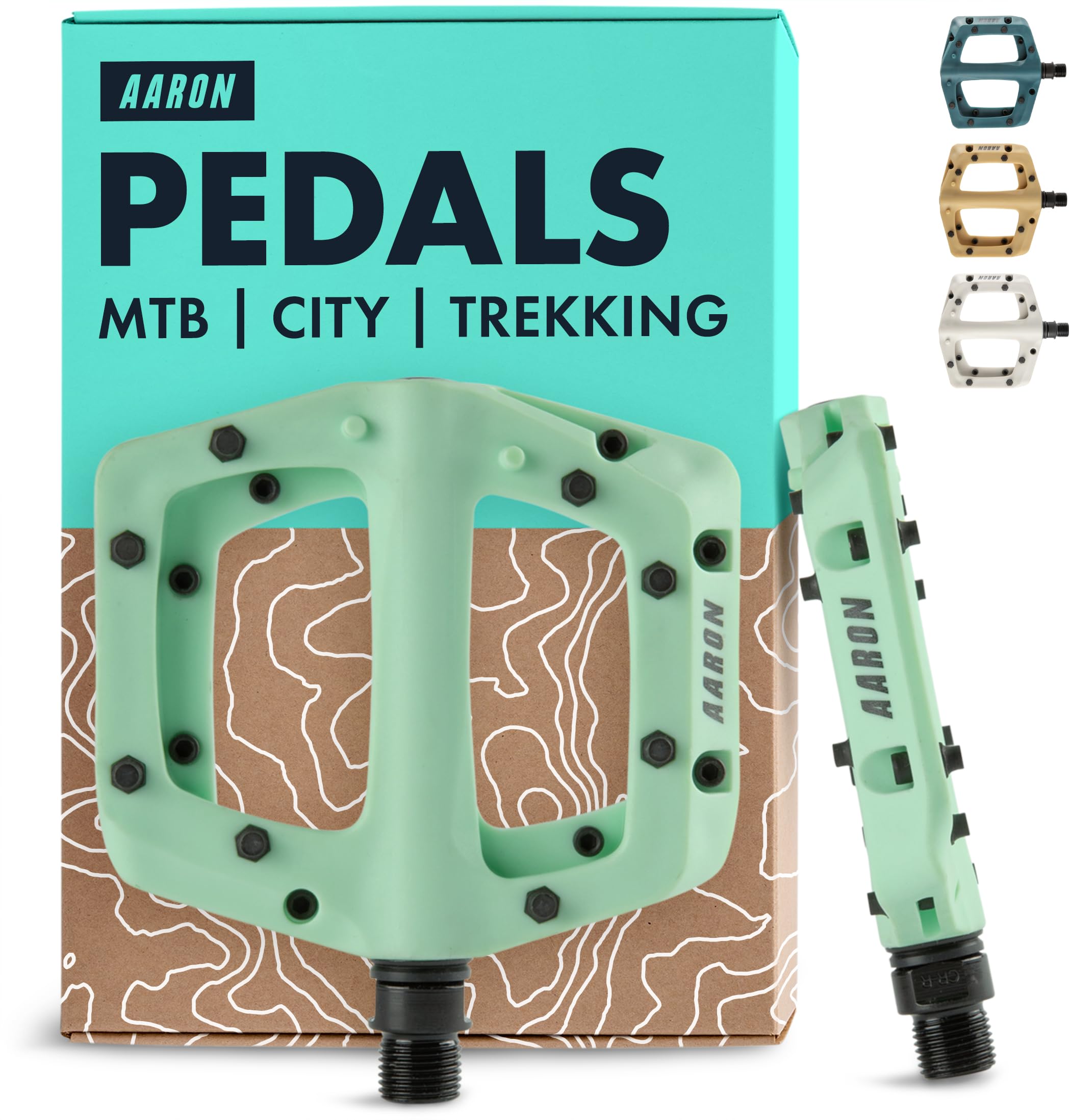 AARON - Dirt Plastic Pedals Industrial Ball Bearings - Non-Slip with Top Grip and Flat Design - Platform Pedals for Dirt Bikes, E-bikes, Mountain Bikes (MTB) & Trekking Bikes and many more - Mint