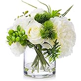ENOVA FLORAL Artificial Rose Flowers in Vase, Mixed White Rose and Silk Peonies in Vase with Faux Water for Dining Table Cent
