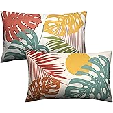 Kwlegh Set of 2 Summer Tropical Leaves Lumbar Throw Pillow Covers Palm Banana Leaf Pillow Covers 12x20 Abstract Sun and Monstera Leaf Cushion Case for Sofa Patio Indoor Outdoor Decor