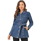 Allegra K Women's Casual Jean Jackets Long Sleeves Tie Waist Button Down Denim Jacket