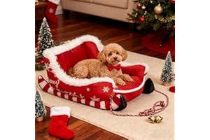 Santa Sleigh Pet Warm Bed - Funny Christmas Sleigh Dog Bed | Washable & Removable Plush Pet Warm Sofa with Non-Slip Base | Ch