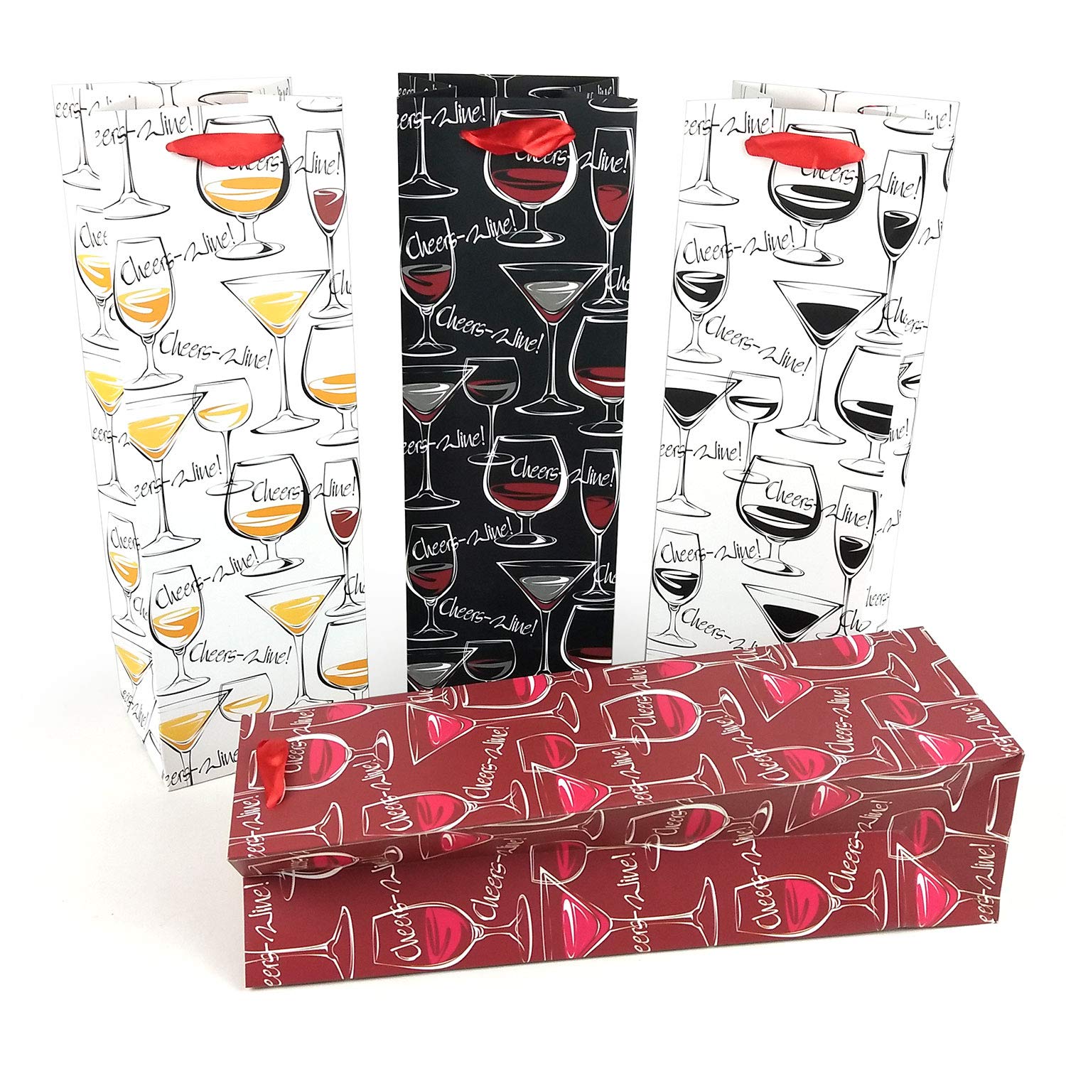 8 Pack Premium Wine Gift Bags with Gift Tag and Handles - Wine Glass Design – Bottle Carrier for Anniversary, Birthday, Special Occasions, H: 39 cm x W: 12 cm x D: 9 cm