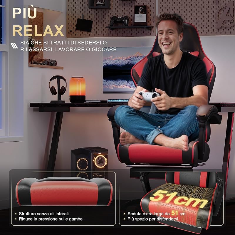 Sedia da Gaming Massaggiante,Sedia Gamer con Poggiapiedi Telescopico,Regolabile 90-150°,Poltrona da Gaming con Poggiatesta e Cuscino Lombare, Ufficio,Portata 150kg(Rosso)