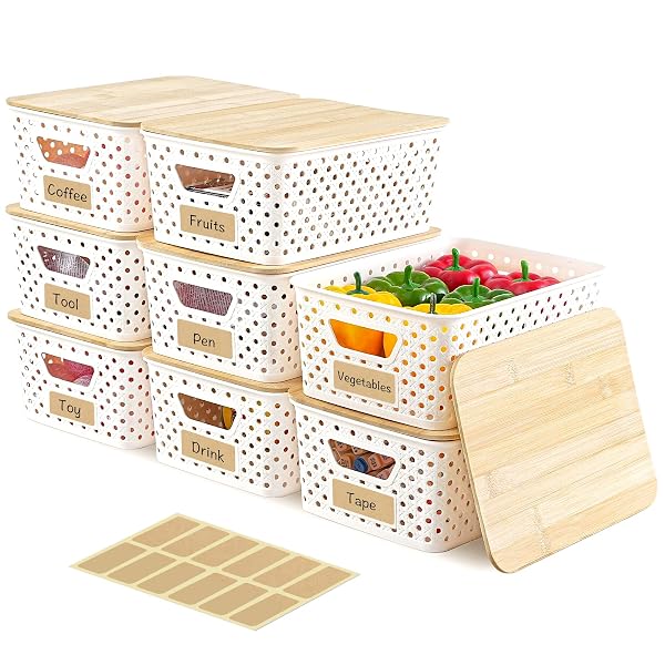 ANTSTEP 8 PACK PLASTIC STORAGE BINS WITH BAMBOO LIDS – STACKABLE STORAGE BASKETS WITH HANDLE FOR PANTRY ORGANIZER AND STORAGE, PLASTIC CONTAINERS BINS LIDDED STORAGE BINS FOR CLASSROOM OFFICE SHELVES