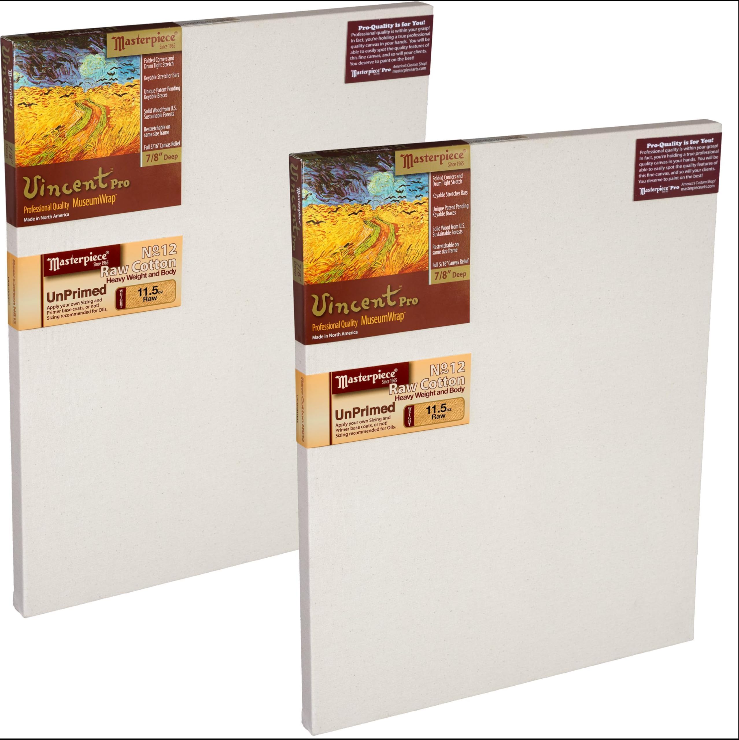 MASTERPIECE Z2VR-3030 Vincent Pro 7/8″ Deep Raw Unprimed Heavy Weight #12 Cotton 11.5 oz Stretched Canvas 30″ x 30″ Natural 2 Pack