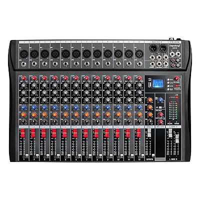 Depensheng DX12 DJ Sound Controller Interface w/USB Drive for Computer Recording 12-Channel Studio Audio Mixer - XLR Microphone Jack, 48V Power, RCA Input/Output for Professional and Beginners