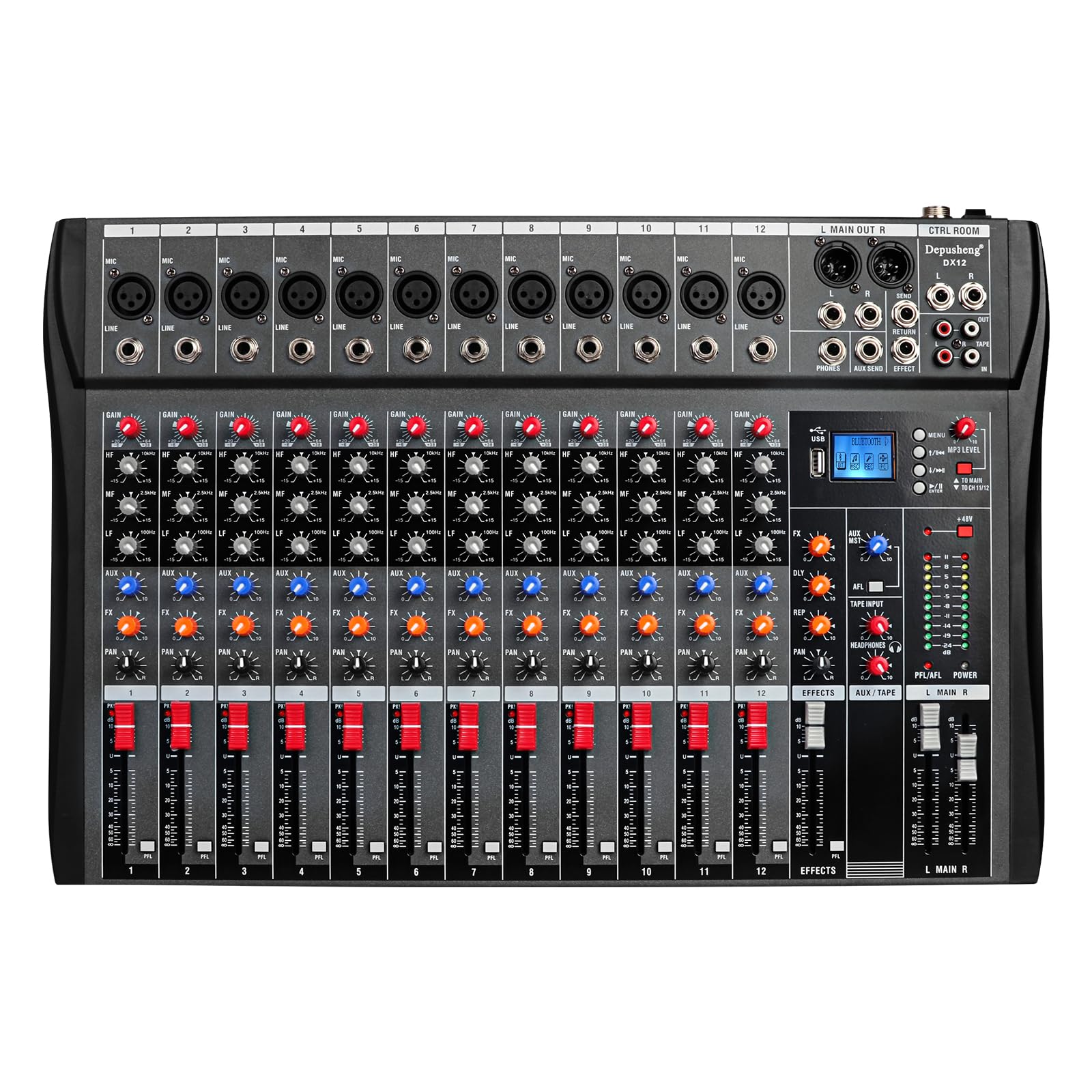Photo 1 of Depensheng DX12 DJ Sound Controller Interface w/USB Drive for Computer Recording 12-Channel Studio Audio Mixer - XLR Microphone Jack, 48V Power, RCA Input/Output for Professional and Beginners