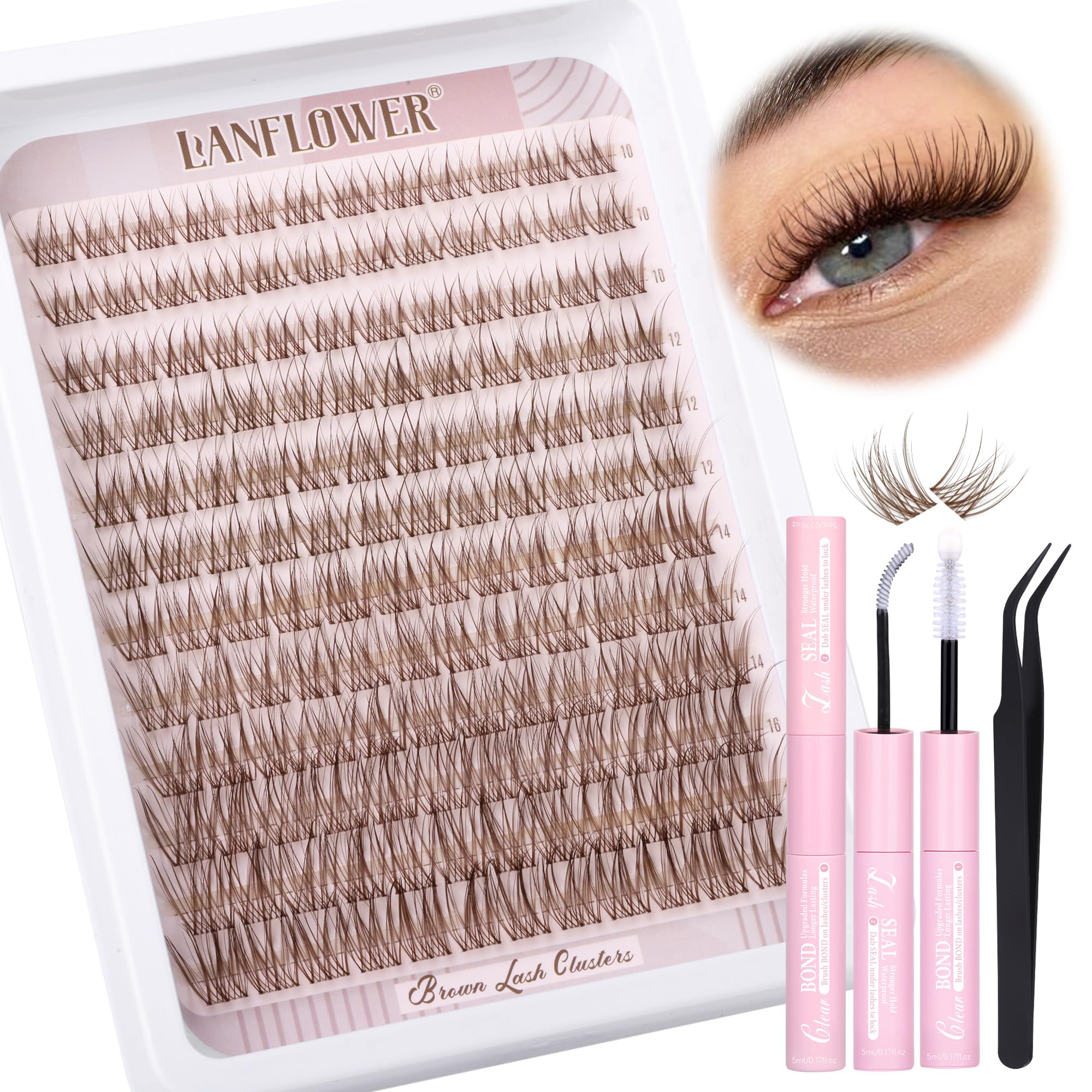 Photo 1 of Brown Lash Clusters Kit Natural Lash Extension Kit Wispy Eyelash Clusters C Curved Cluster Eyelash Extensions 10-16mm Eyelash Extension Kit Brown Individual Lashes DIY at Home by Lanflower