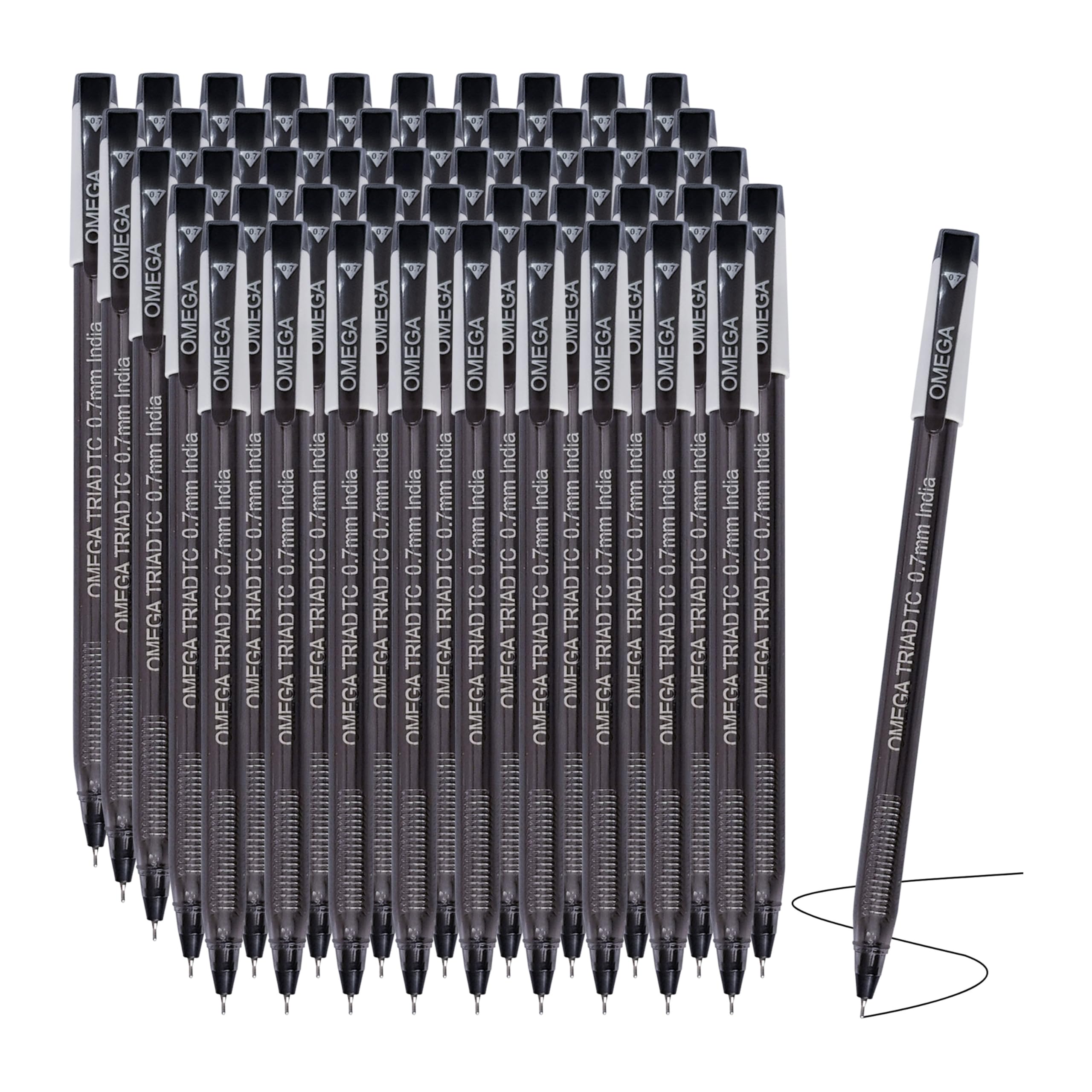 OMEGA Triad-TC Ballpoint Pens, BLACK, Fine Point (0.7 mm), Pack of 50, Smooth Ball Pens, Triangular Inbuilt Grip, School Office Home Everyday Use Pens