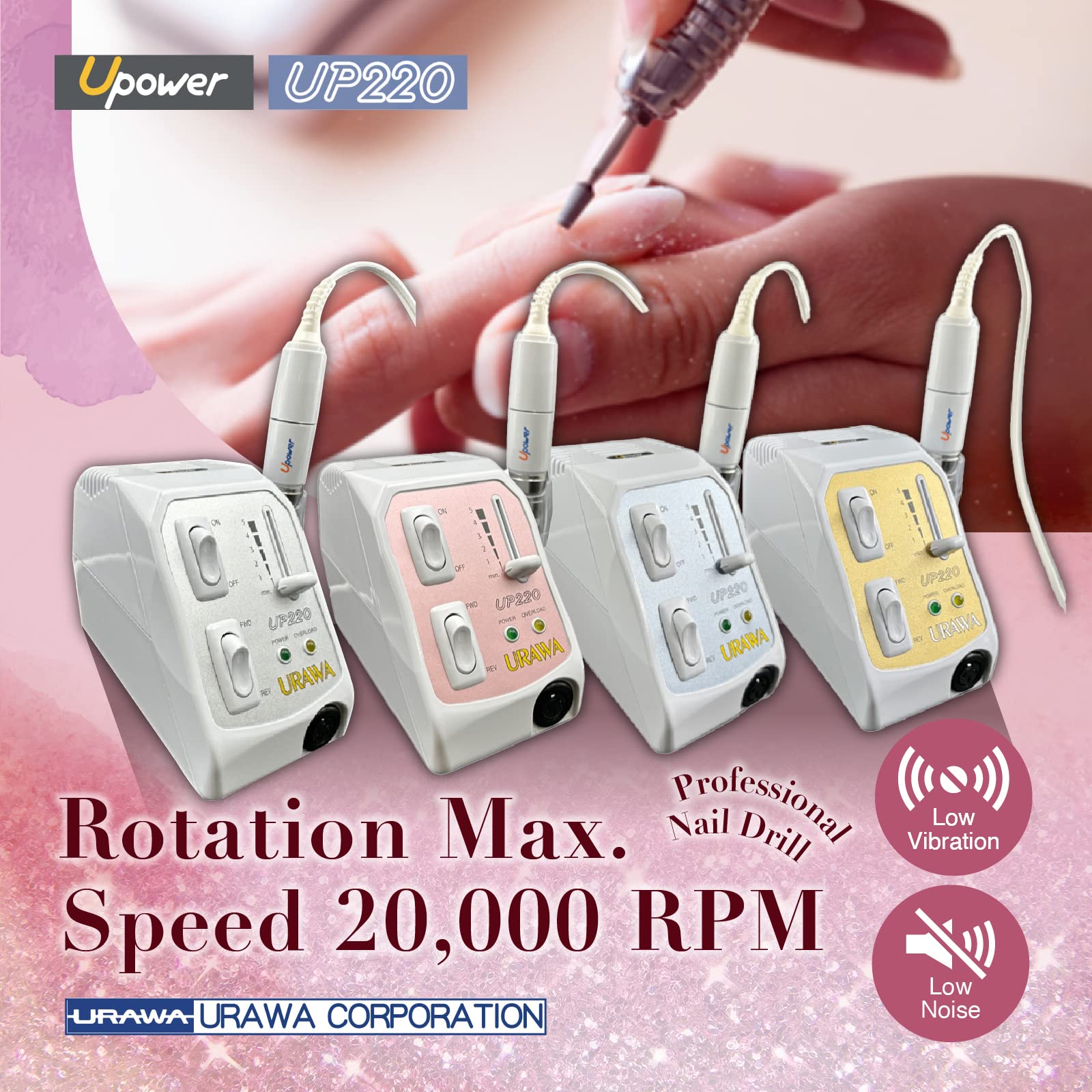 [Upower] UP220 Professional Nail Drill Machine, 20000 RPM Electric File for Nails, Low Noise & Low Vibration, Home and Salon Use (Made in Japan) Produced by URAWA Corp. [White-Blue]