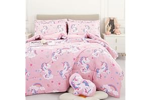 Mooreeke Kids Comforter Bed Set Twin Size for Girls, 6 Pieces Bed in a Bag with Shams, Sheet Set, Pink Unicorn Rainbow Double