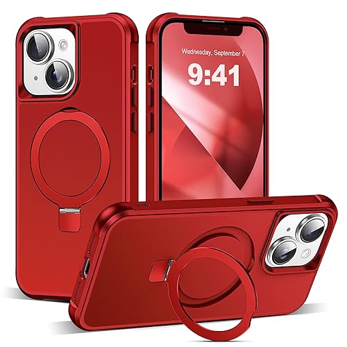 SKYLMW Compatible with iPhone 13 Case & iPhone 14 Case with Invisible Magnetic O-Ring Stand Phone Cases for 13 & 14 6.1" [Compatible with Mag-Safe][Great Grip Feeling], Red