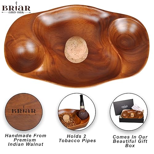 Briar & Oak Walnut Tobacco Pipe Ash Tray With Cork Knocker - Handcrafted Vintage Wooden Ashtray W/Dual Pipe Rests - Polished Sturdy Cigar Ashtray For Outside Patio Home And Office Use