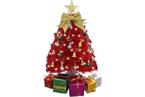 Small Red Christmas Tree with Lights - 23 Inch Mini Tabletop Christmas Tree with Warm-White LED Lights, Hanging Ornaments, De
