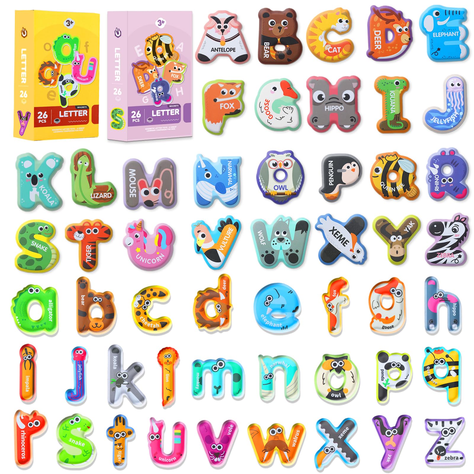 Magnetic Letters,Large Fridge Magnets for Kids,Uppercase Alphabet ABC Magnets for Refrigerator, Lowercase letters Capital Animal Toys, Spelling Learning Games Toys(Uppercase Letter+ Lower Case Letter）