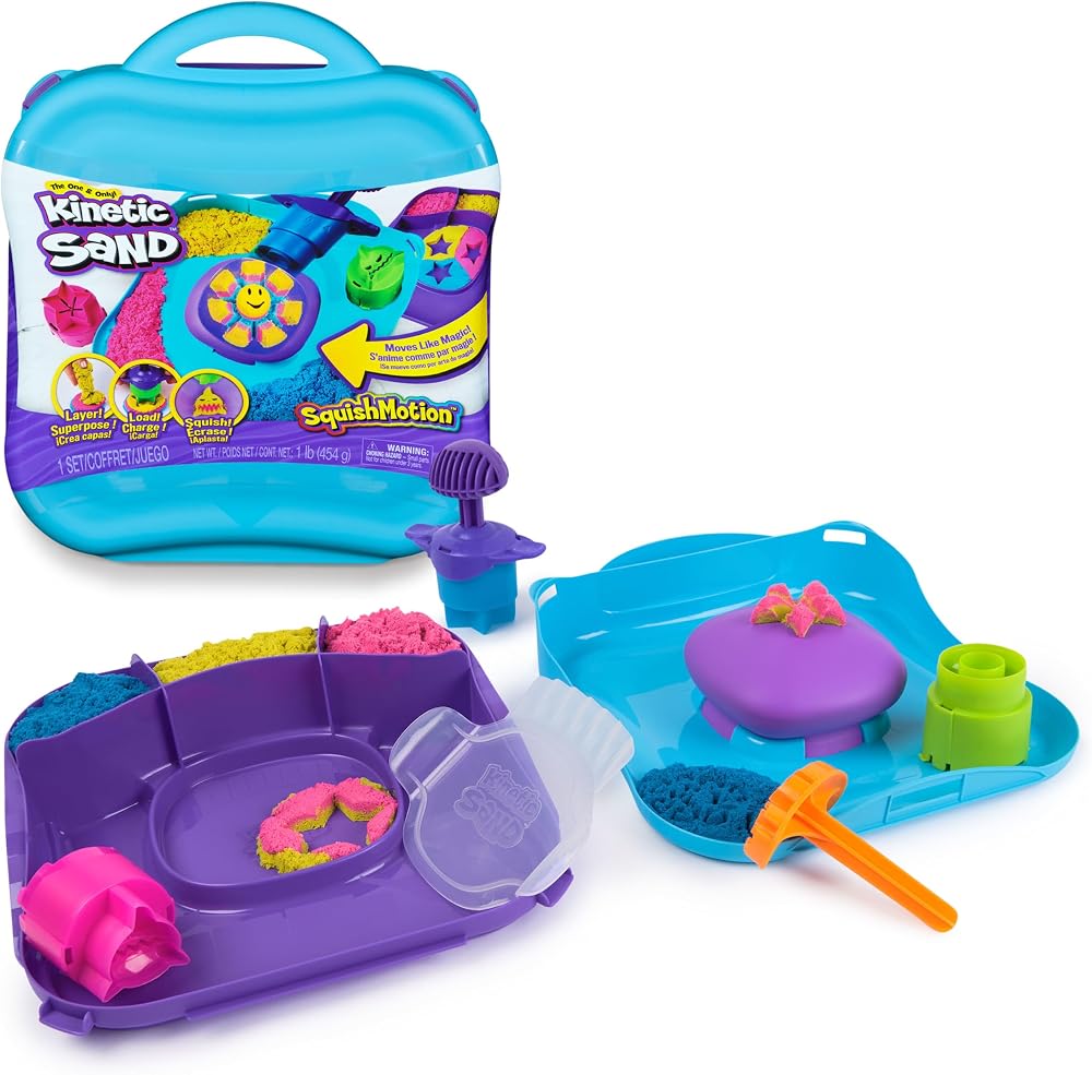 Kinetic Sand SquishMotion Playset 453g Pink Yellow Blue Sand Stamper Tools Case