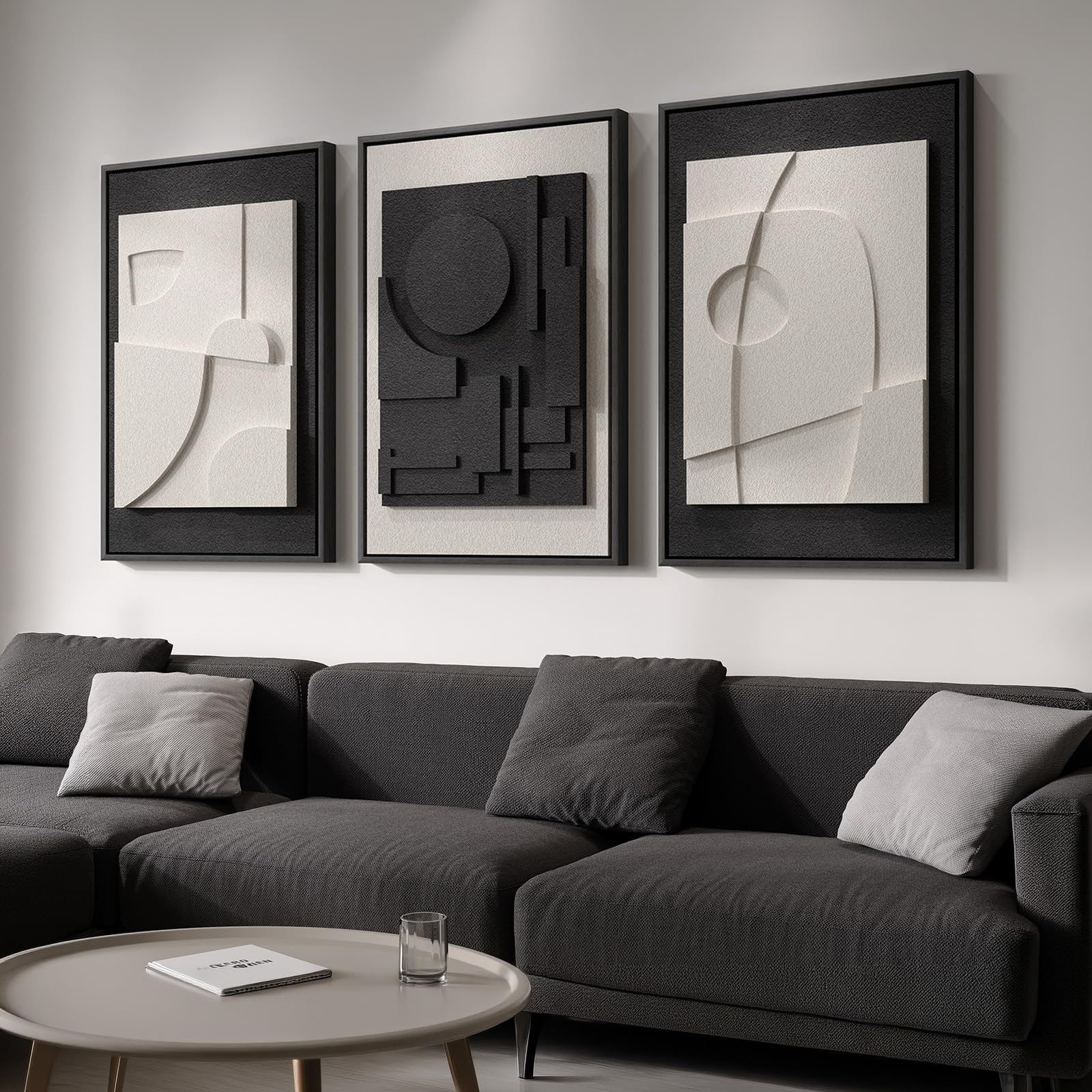 Photo 1 of **ONLY ONE PIECE** Large 3D Textured Framed Black and White Abstract Wall Art for Living Room, 3 Piece Modern Artwork for Walls, Black White Minimalist Geometric Paintings for Hallway Office Wall Decor 24x36 In
