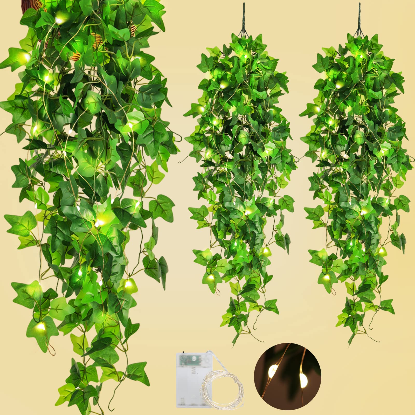Photo 1 of RECUTMS Hanging Fake Plants 4 Pack Artificial Vines Silk Ivy Greenery Garland with 30 LED Fairy String Lights Indoor and Outdoor Home Garden Hotel Green Leaves Wedding Bedroom Office Decoration