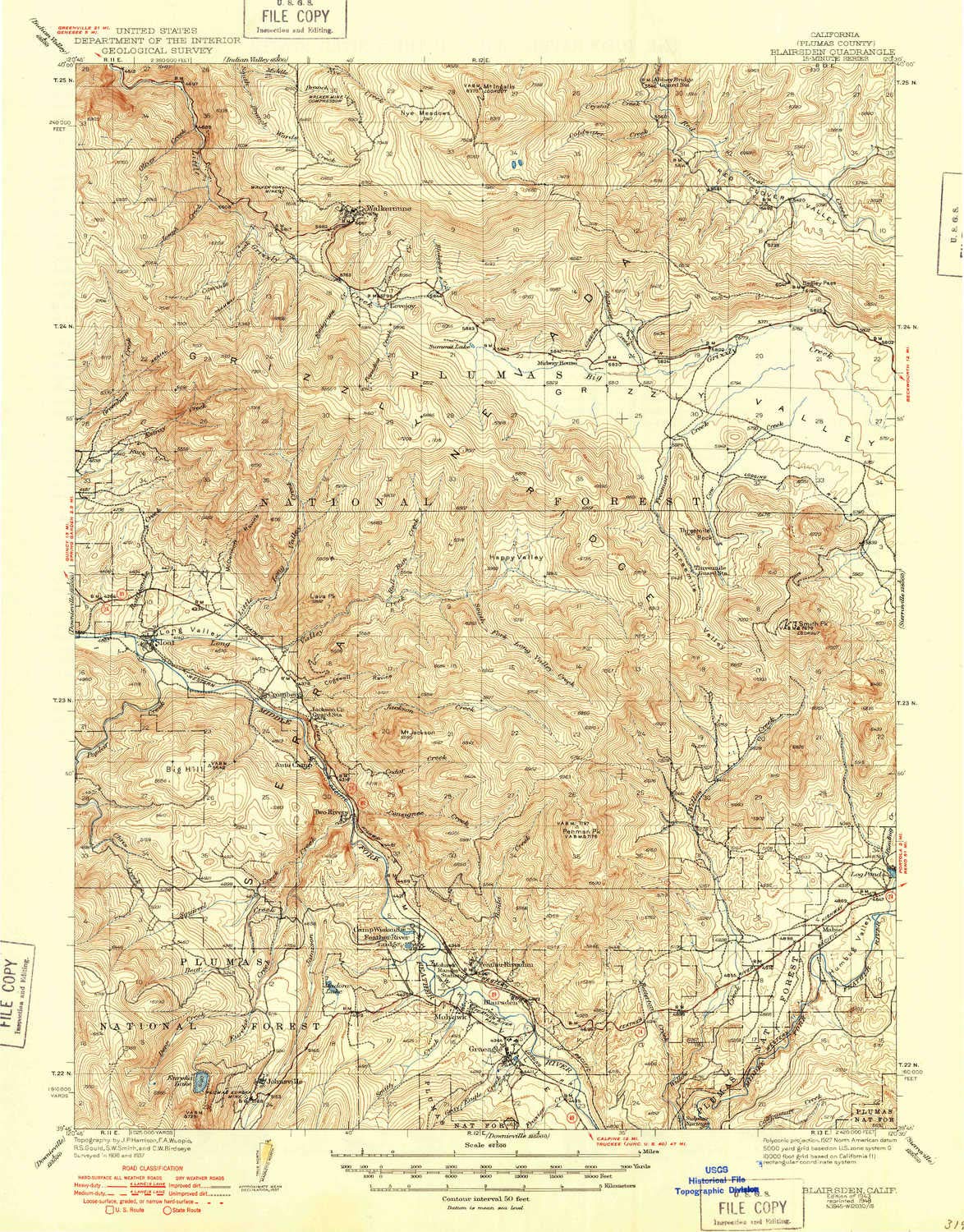 YellowMaps Blairsden CA topo map, 1:62500 Scale, 15 X 15 Minute, Historical, 1943, Updated 1948, 20.2 x 15.8 in