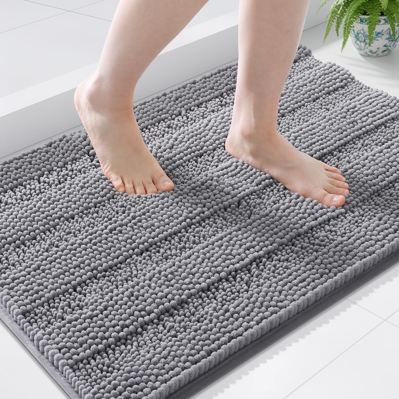 Grandaily Chenille Striped Bathroom Rugs 44x24, Extra Thick and Soft Absorbent Bath Mats, Rubber Backing, Plush Shaggy Shower Carpet, Machine Wash Dry, Bath Rug for Bathroom, Grey Image