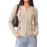 GRACE KARIN Cardigan for Women Argyle Fall Sweaters Cozy Teacher Outfits | Crew Neck Button Up Chunky Cardigan Sweaters, Open Front Cute Sweater, Long Sleeve Casual Winter Outfits for Work &amp; Office