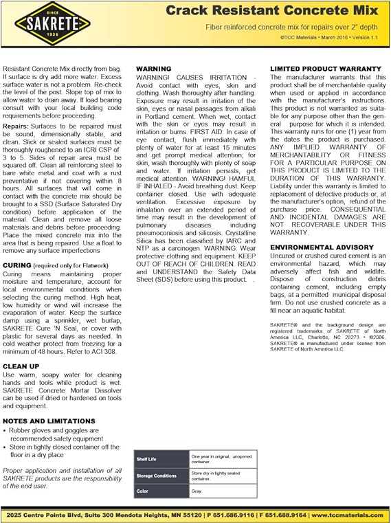 Sakrete Crack Resist Concrete Mix 50lb Pail Amazon Com