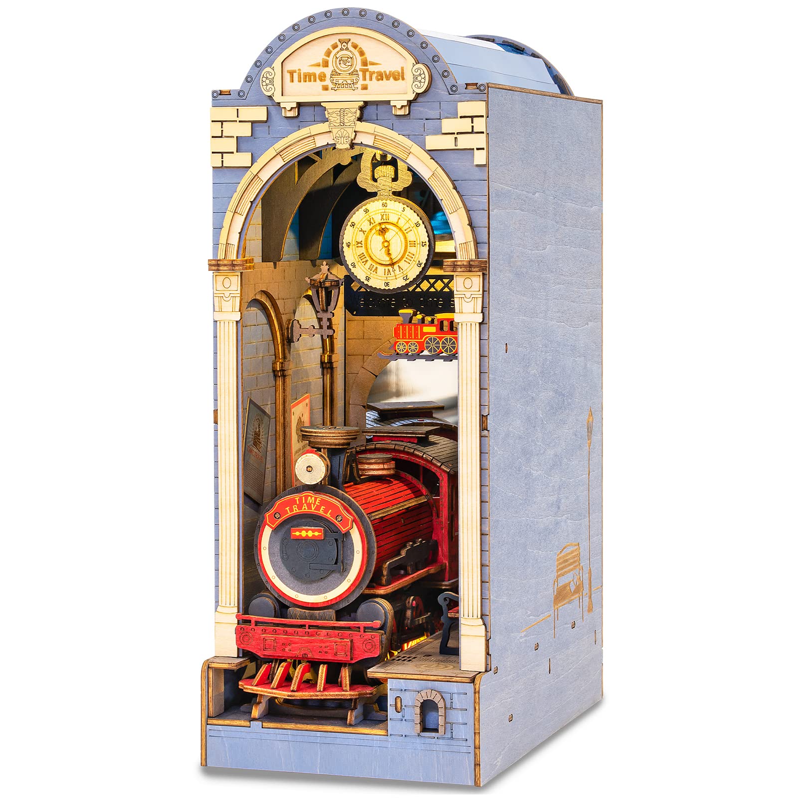 ROBOTIME Wooden Book Nook Dollhouse Kit, DIY Wall Hanging Miniature Room, Puzzle House Model Building Kits with LED Lights, Home, Bookshelf Decor (Time Travel)