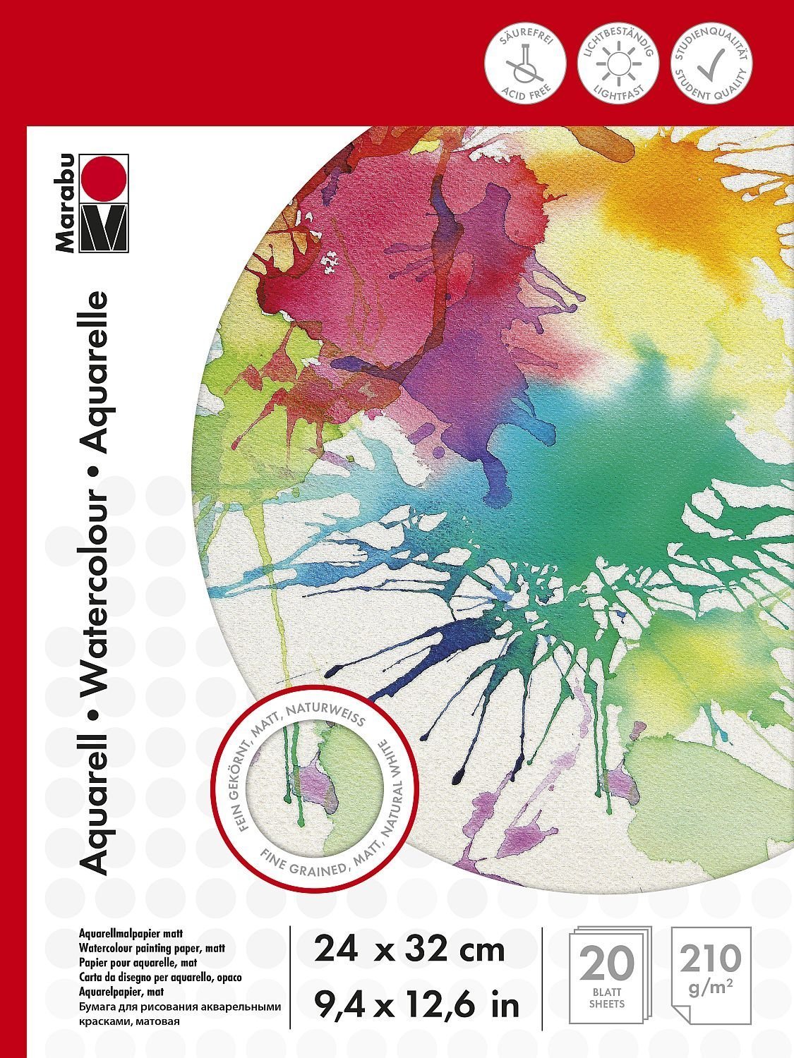 Marabu 1612000000024 - Painting Pad for Watercolour Painting 210 g/m² 20 Sheets 24 x 32 cm Natural White Watercolour Painting Paper Fine Grained Matt Acid Suitable for Designs and Studies