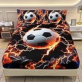 AILONEN 3D Soccer Print Fitted Sheet Set Twin Size,Sports Sheets for Kids Boys,3-Piece Featuring Fire Football Fitted Sheet with 2 Pillowcases