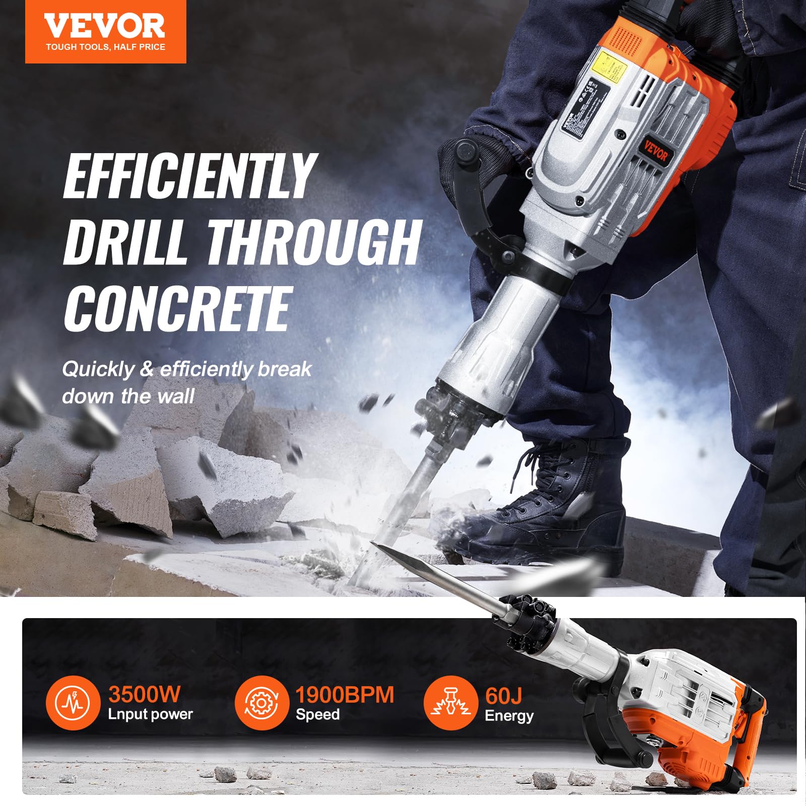 VEVOR Demolition Jack Hammer, MAX 3500W Jack Hammer Concrete Breaker, 1900 BPM Heavy Duty Electric Jack Hammer, 2pcs Chisel with Gloves & 360°C Swiveling Front Handle for Trenching Breaking Holes