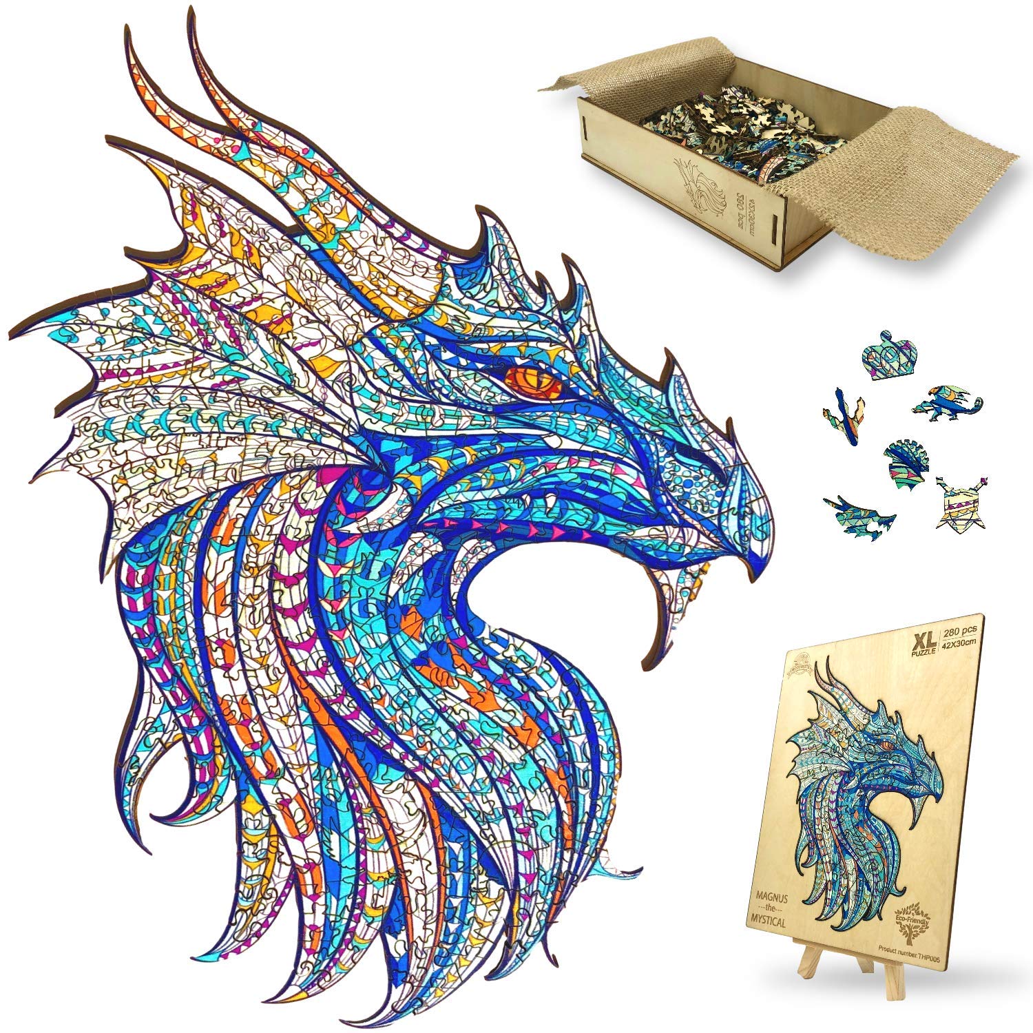 Wooden Jigsaw Puzzle XL 280 Piece (42x30cm) – Dragon Wood Puzzles for Adults Presented in Wooden Gift Box by The Puzzled Tree