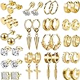 LASPERG Earrings for Men - 18 Pairs, Black Gold Silver & Stainless Steel Stud, Cross, Dangle, Hoop Earrings Set - Fashion Piercing Jewelry