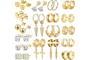 LASPERG Earrings for Men - 18 Pairs, Black Gold Silver & Stainless Steel Stud, Cross, Dangle, Hoop Earrings Set - Fashion Piercing Jewelry