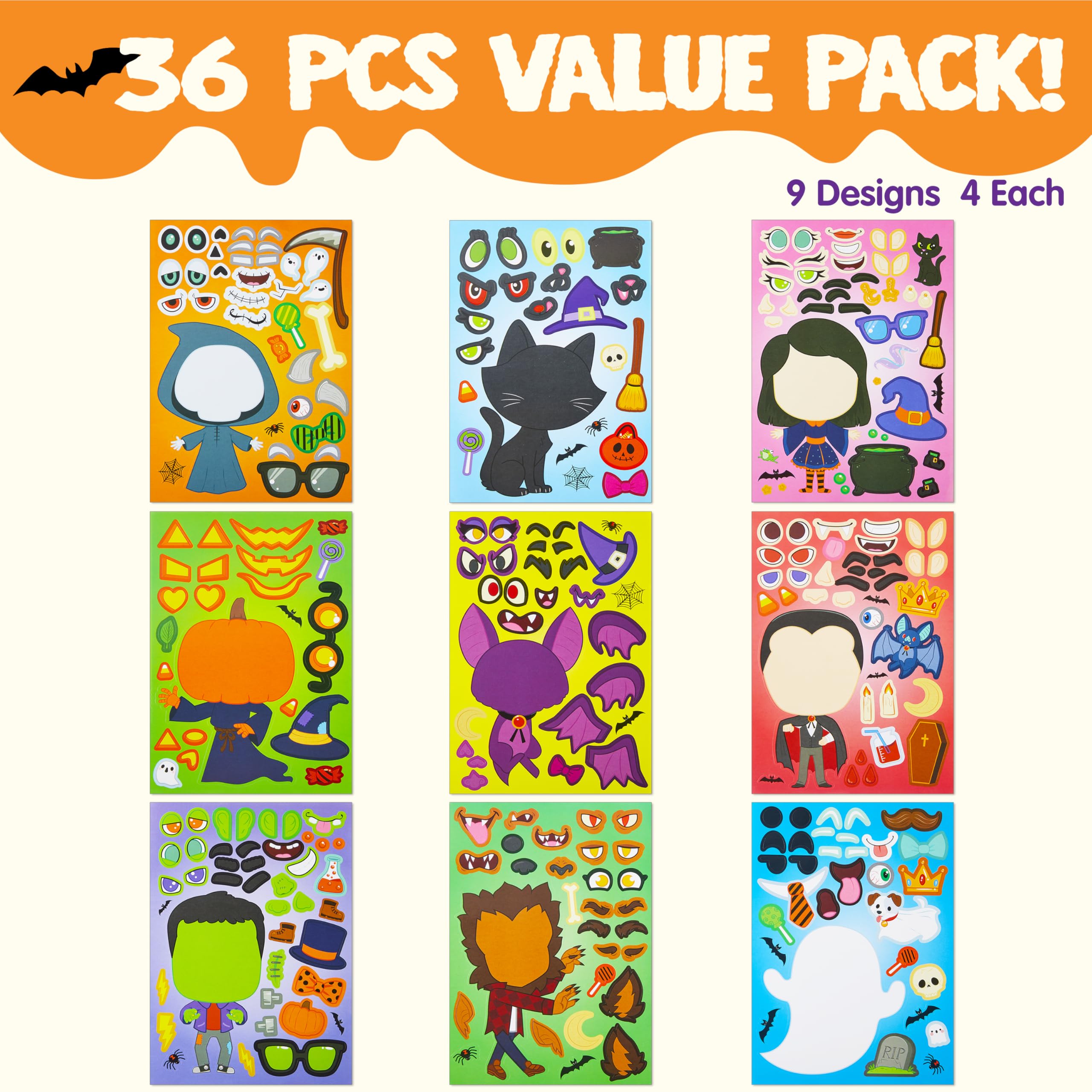 JOYIN 36 PCS Halloween Craft Stickers for Kids Party Favor, Make a Face Stickers with Designs Witch Vampire, DIY Craft Supplies for Halloween Party Game Classroom Activities Gift Goodies