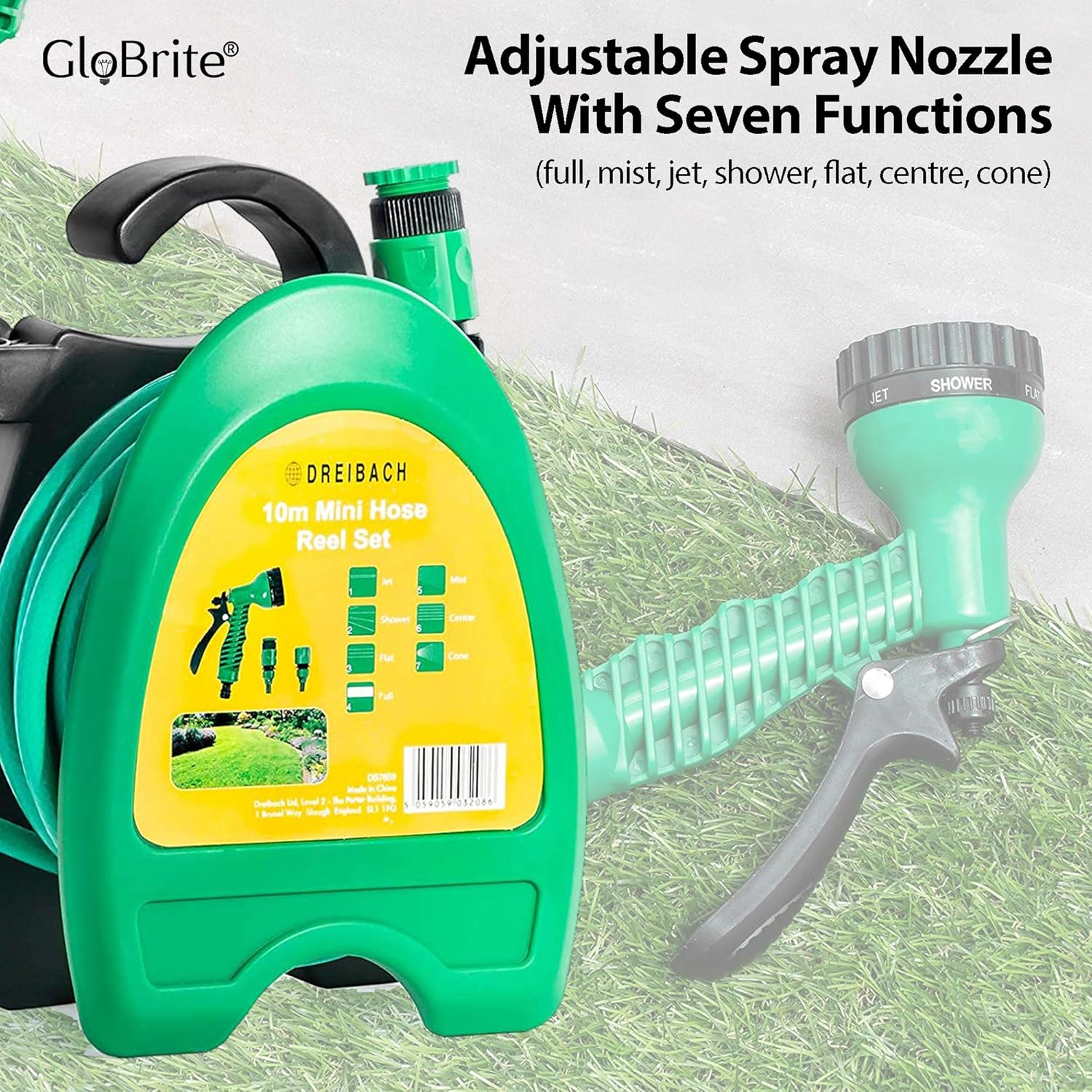 GloBrite Mini Hose Reel with 10m / 32ft Garden Hose Pipe Spray Gun & Adjustable Nozzle, Wall Mountable - Image 4