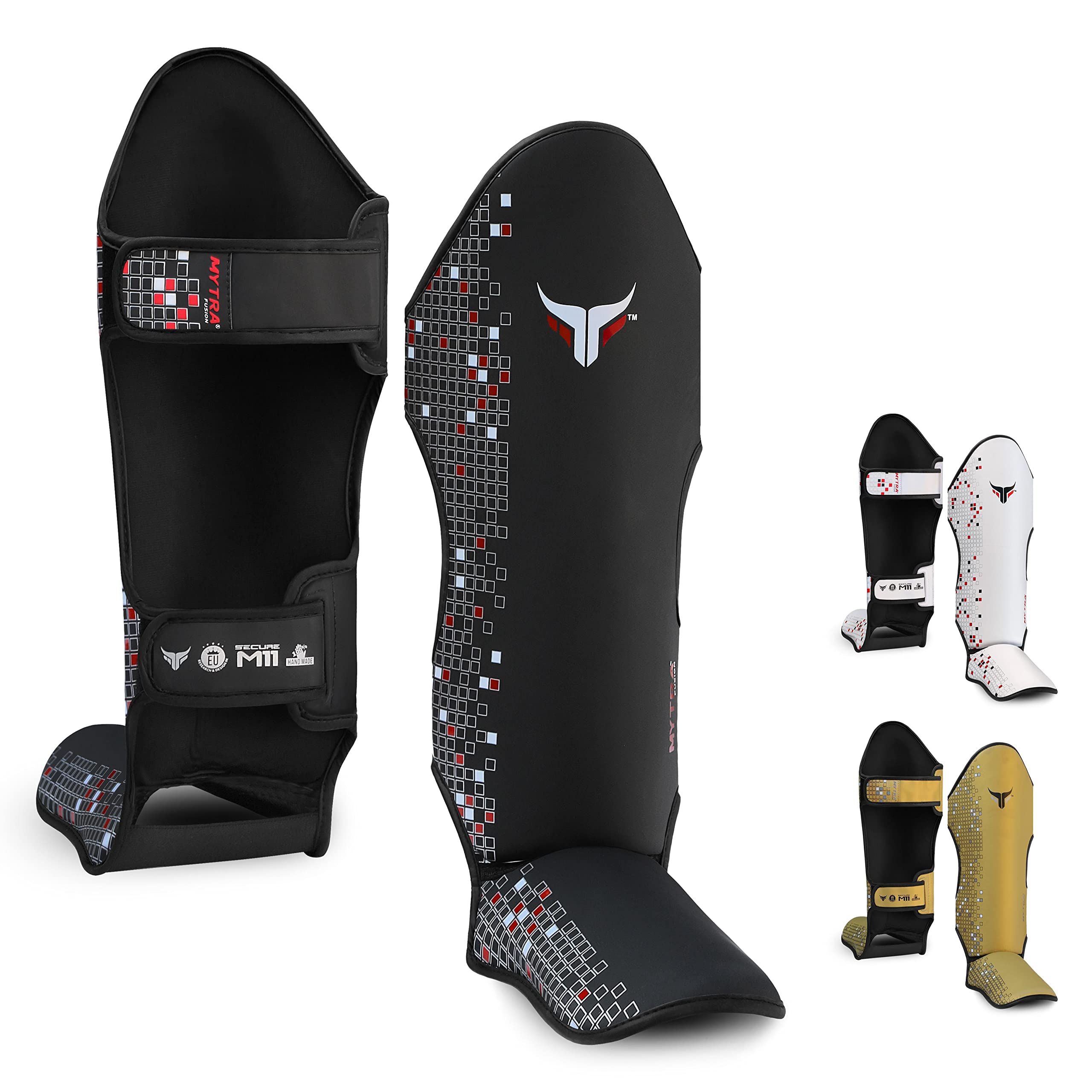 Mytra Fusion Shin Guards MMA, Muay Thai Shin Guards – Shin Instep Protection for Kickboxing, Training, BJJ, Sparring, Boxing Gear and Martial Arts (M, Black)