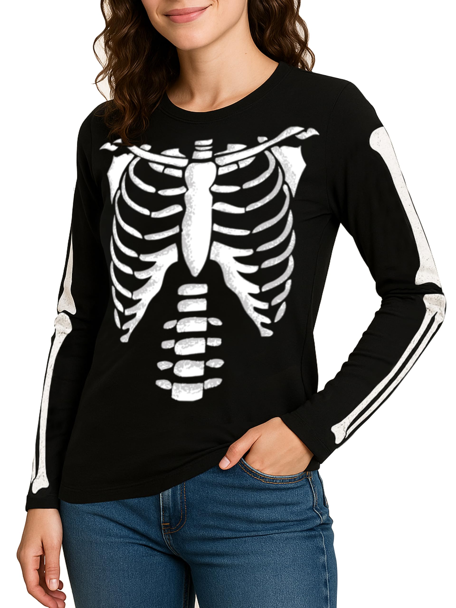 Photo 1 of URBAN BUCK Women Halloween Skeleton Shirt Casual Rib Cage Graphic Long Sleeve Black Costume Top (XL)