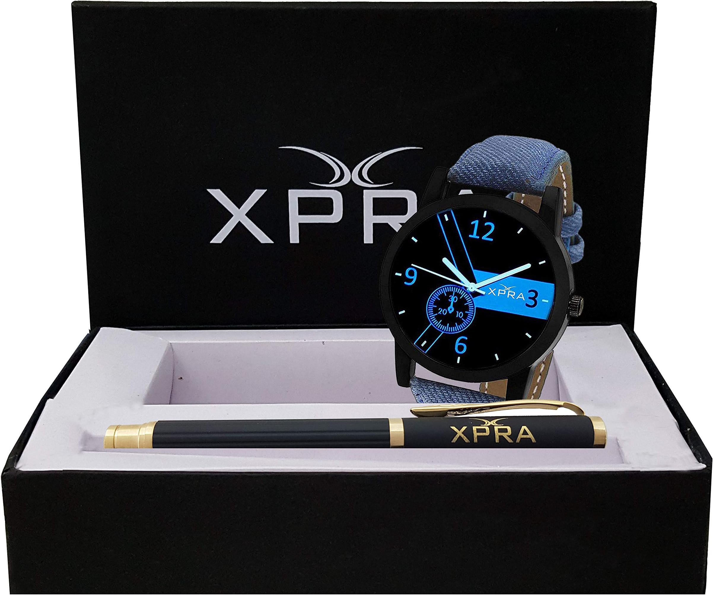 XPRA Analog Day & Date Watch & Exclusive Metal Roller Ball Pen Combo Gift Set (WCH-PN-1) (Blue - Black)