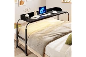 Dystler Overbed Table with Wheels Adjustable Height, 39.37"-43.3" Over Bed Desk with Human Sensor, King Size Overbed Laptop Table with Charging Station for Bedroom, Black